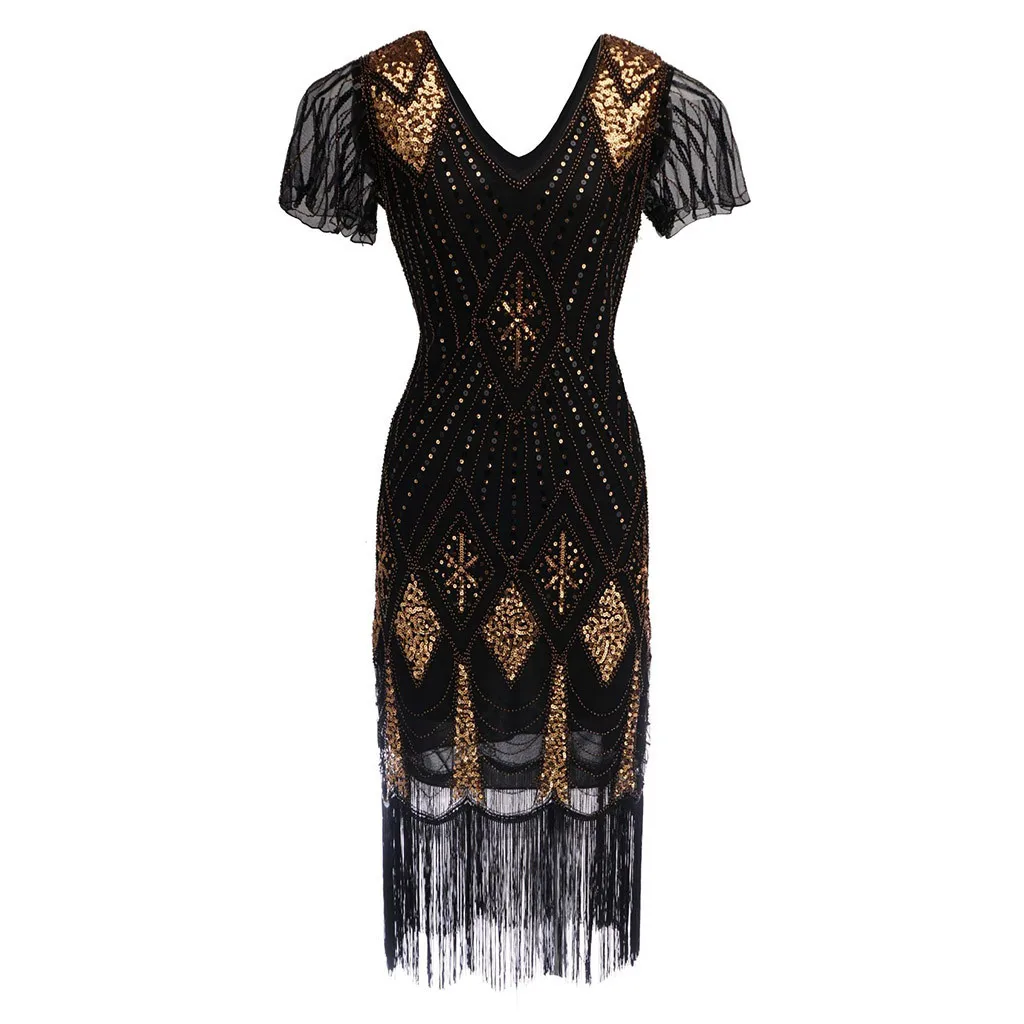 

Summer Gothic Party Dresses Woman Party Night Vintage Sequin Seethrough Bandage Dress Beads V Neck Long Tassel Dresses