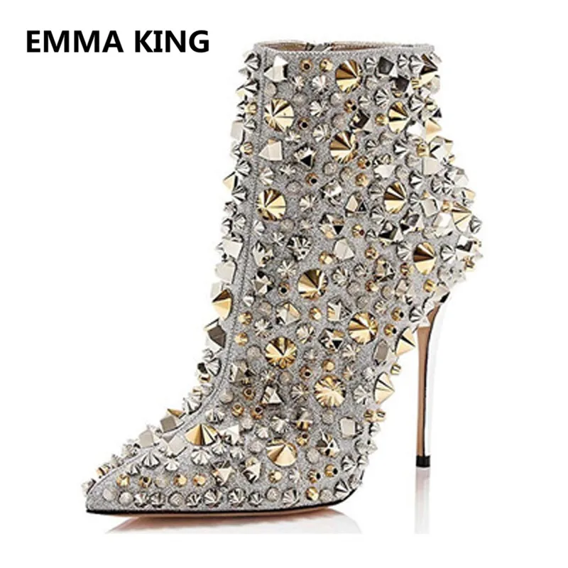 

New Design Full Rivets Studded Ankle Boots For Women Pointed Toe Sexy Stilettos High Heels Ladies Party Shoes Woman Winter Boots