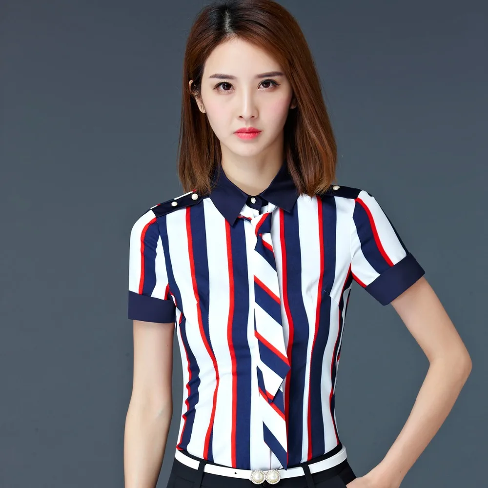 Bow Collar Casual Women 4XL Blouse Female Elegant Striped