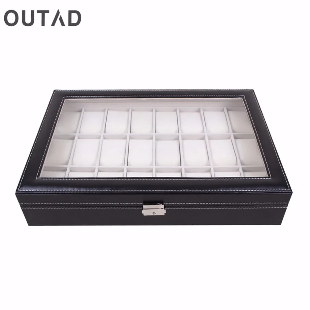 24 Grid Watch Box Case Holder Glass Pillow Organizer Classical Black Leather Wristwatch Storage Case Foam 2