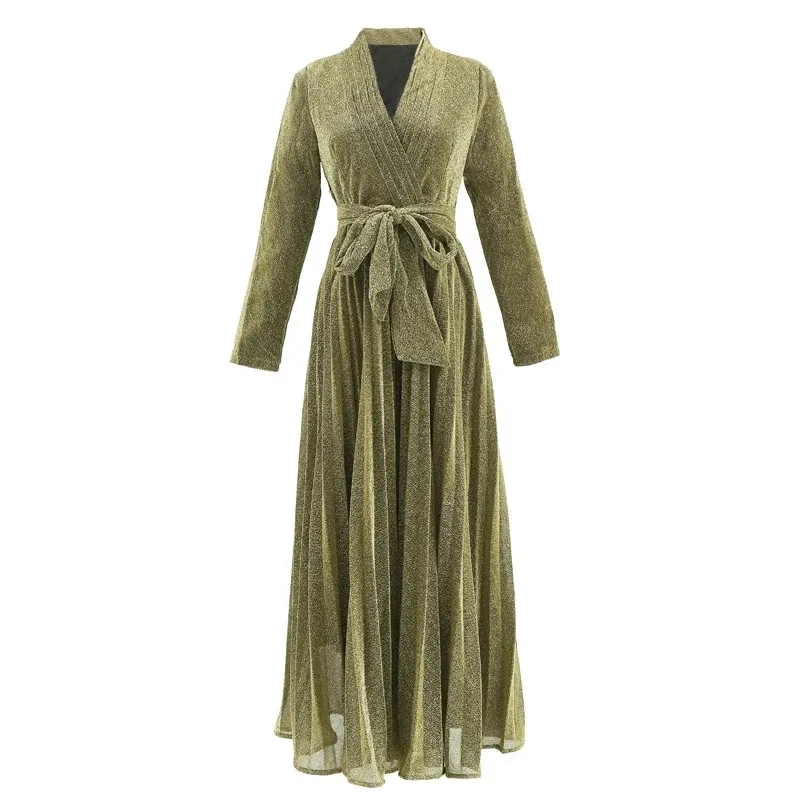 

2019 Spring Summer Maxi Vintage Long Women Dress Gold Line V-neck Evening Party Full Sleeve Female Vestidos Sashes Green Dress