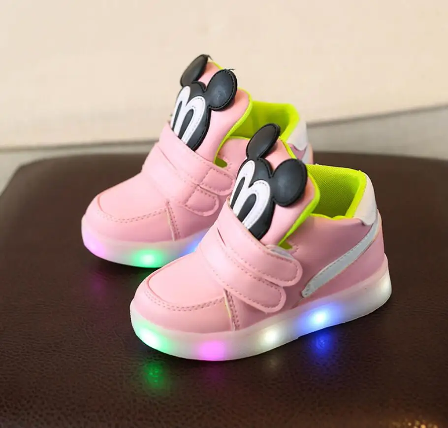 Children Casual Shoes With Light LED Boys Girls Sneakers Spring Cartoon Mouse Lighted Sport Shoes Fashion Luminous Boots - Цвет: Розовый