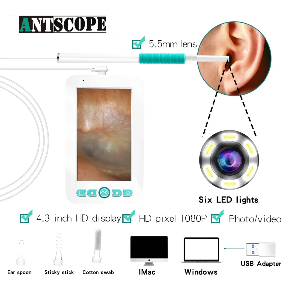 

Antscope Visualizer Video Otoscope 5.5mm Visual Ear Cleaning Spoon Endoscope with 4.3 inch LCD Display USB Camera 50