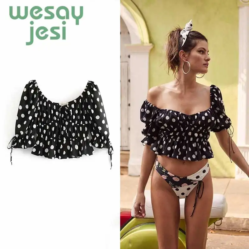 

2019 New Arrival Women Tops Casual Square collar short Sleeves Blouses Summer Fashion Chiffon Polka Dots Shirt