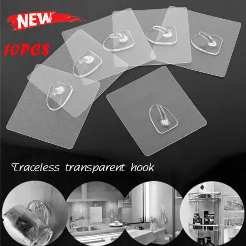 

10x Anti-skid Transparent Wall Hooks Strong Sticky Traceless Kitchen Reusable Bathroom 6x6CM Wall Hooks