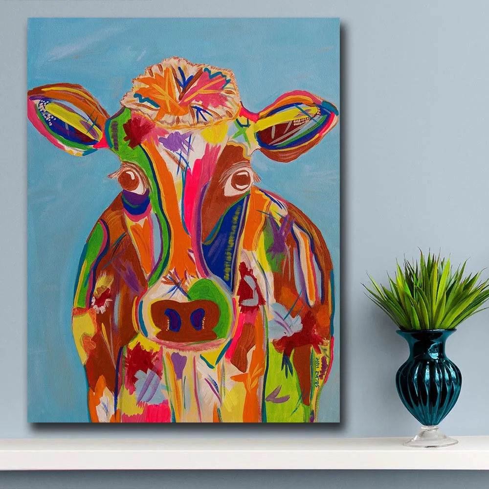 Wall Art Colorful Cow Pop Art Animal Oil Painting For Living Room Home