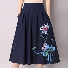 Весна лето женские повседневные плиссированные юбки с эластичной талией размера плюс винтажные юбки синего цвета из хлопка и льна юбки до середины икры