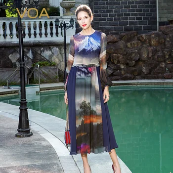 

VOA Silk dress women party woman night summer dresses Plus Size High Waist Long Classical Chinese Style Print clothes ALX11301