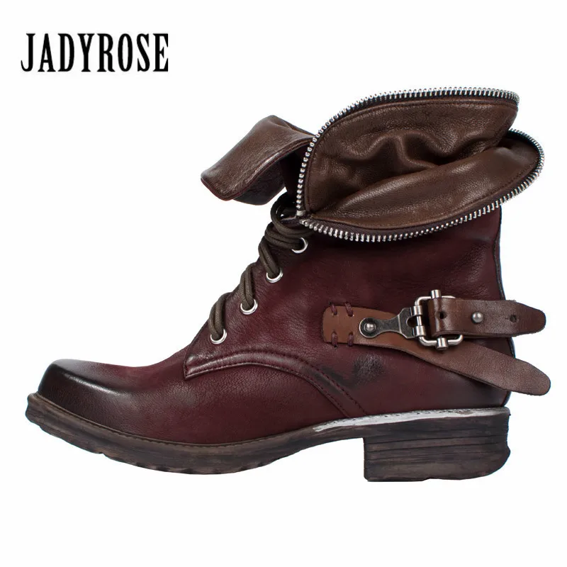 

Jady Rose Vintage Ankle Boots for Women Zip Decor Autumn Winter Riding Boots Platform Genuine Leather Rubber Flat Ladies Shoes