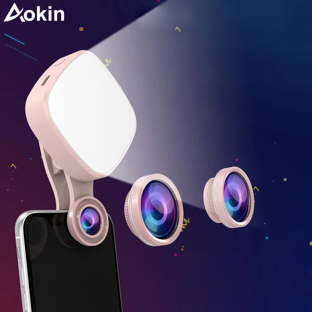 Aokin Selfie Ring Light with HD 3 in 1 Fisheye Wide Angle Macro Lens Flash Led Camera Phone Photography for iPhone Samsung Lens