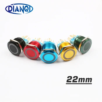 

22mm Nickel plated brass metal push button switch led ring round momentary latching car switches 12V 24V Blue Green Yellow 3V