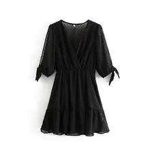 Пикантная обувь с узором в горошек; платье с v-образной горловиной для женщин эластичные приталенные, с коротким рукавом галстук-бабочка эластичные женские повседневные мини-платье vestidos