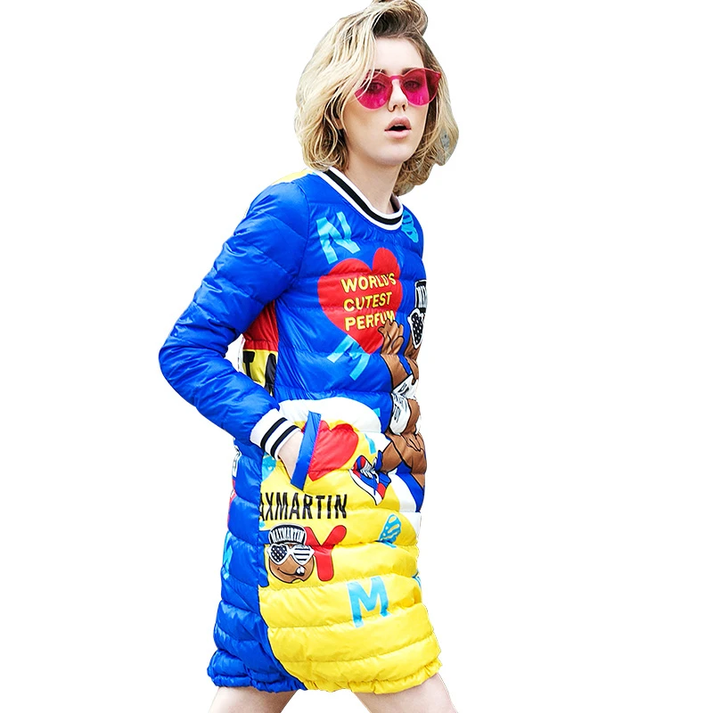 

Women Winter Pullover Long Down Jacket Waterproof Outerwear Female Cartoon Print O-Neck Cute Coat Casual Loose Slim Overcoat