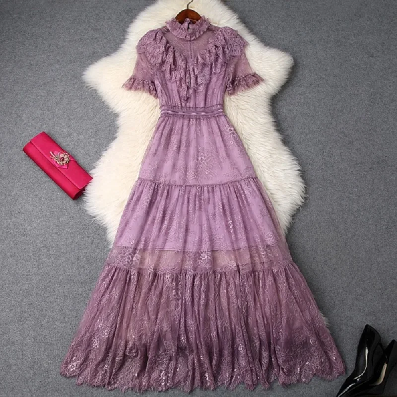 

2019 NEW spring summer Lace party Long dress xl Women elegant luxury princess Ruffles Dress fashion ladies Short sleeved dresses