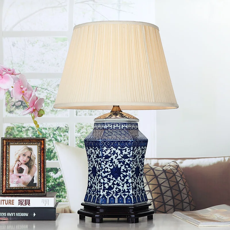 Винтажный стиль фарфоровые керамические настольные лампы для прикроватной тумбочки китайский синий и белый фарфор синий фарфор настольная лампа