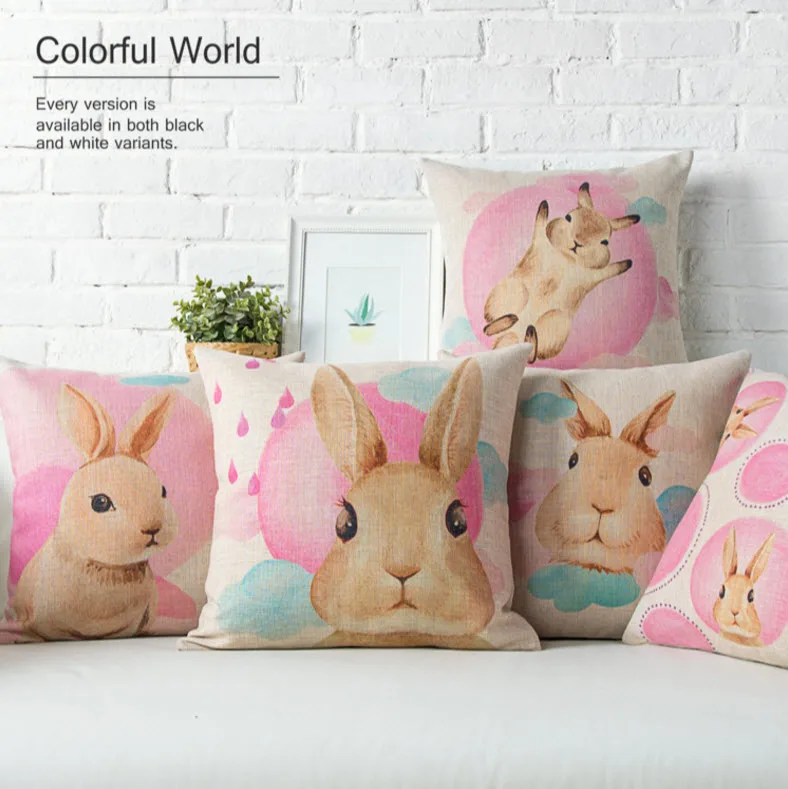 

Cartoon Rabbit Bunny Throw Massager Decorative Vintage Nap Pillow Cover Fiber Flax Emoji Pillows Home Decoration Kids Gift