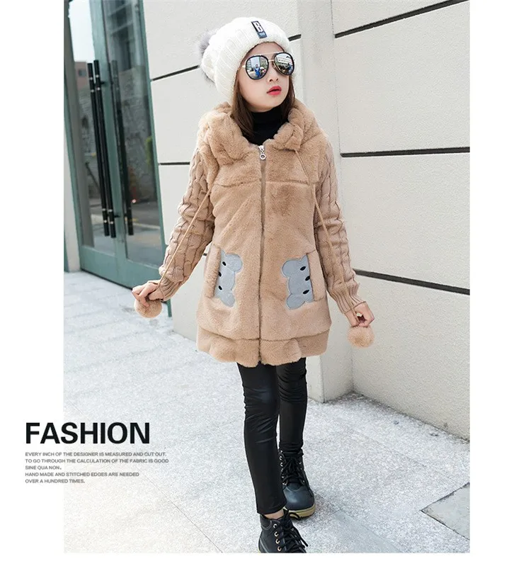 Зимнее пальто из искусственного меха с милым кроликом и медведем для девочек теплая куртка зимний комбинезон плотное бархатное пальто Детская верхняя одежда - Цвет: Brown Plus Velvet