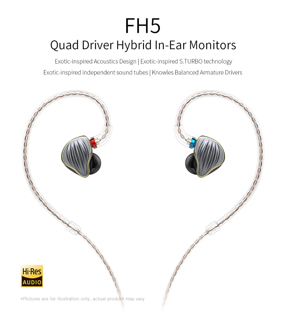 FiiO FH5 Quad Driver Hybrid HIFI наушники-вкладыши Ноулз сбалансированные арматурные драйверы съемный кабель MMCX для iOS и Android ПК