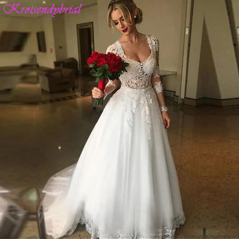 

DZW058 married Wedding Dress Illusion Back bridal Dress Dress 2019 Stylish Long Sleeves Lace Applique vestido de noiva