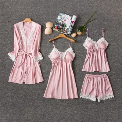 pink 4pcs Daeyard шелковые пижамы для женщин сексуальные кружевные Обрезанные пижамы атласные пижамы с шортами 4 шт пижамы костюмы Повседневная Домашняя одежда - Цвет: pink 4pcs