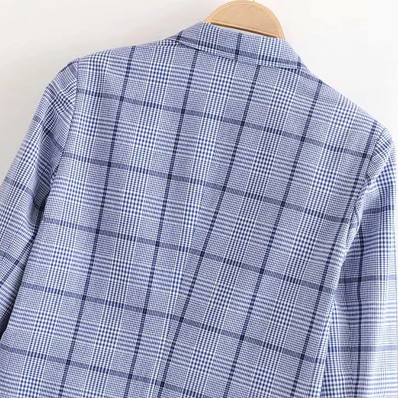 Bella Philosophy Elegant Double Breasted Suit Coats Blue Plaid Turn-Down Collar Autumn Overcoat Casual Long Sleeve Coats
