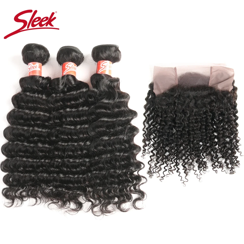 Sleek 360 Frontal With Bundles Brazilian Non Remy Hair Deep Wave Bundles With Frontal Free Part Swiss Lace Free Shipping