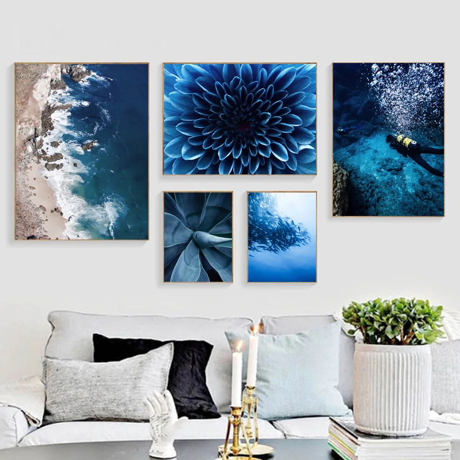 

HD Modern Nordic Home Decor Blue Style Painting Poster Flower Diving Sea Modular Landscape Printed Canvas Gift Wall Art Pictures
