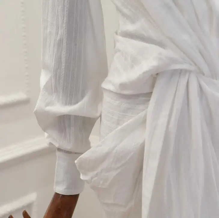 Новое модное женское белое платье с отложным воротником и длинным рукавом с высокой талией с перекрещивающимися крест-накрест
