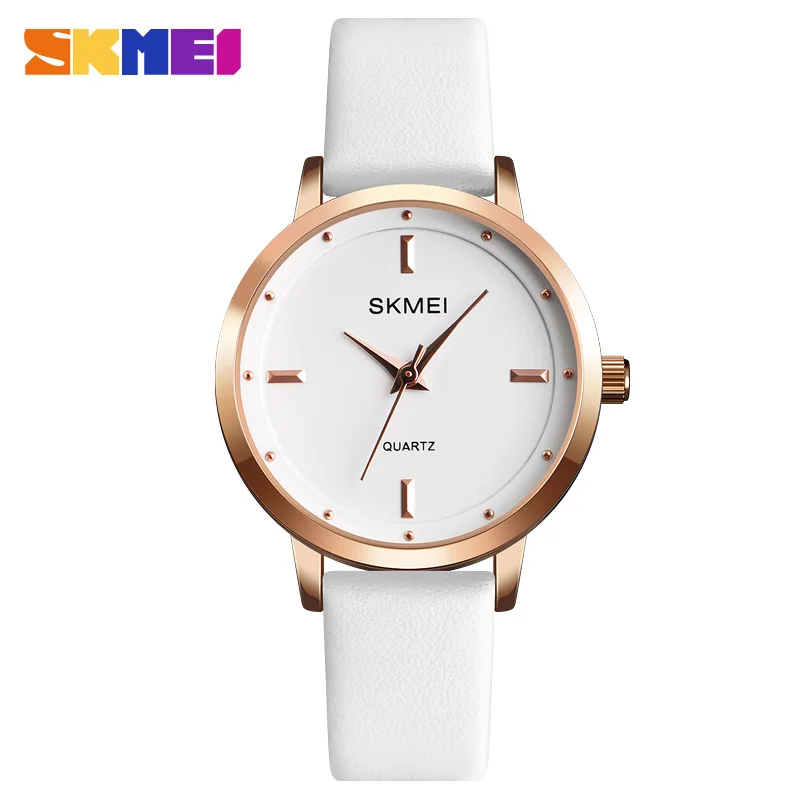 SKMEI лучшие брендовые модные женские часы кожаные женские кварцевые часы женские тонкие Повседневное ремешок Reloj Mujer Для женщин циферблат - Цвет: White Watch