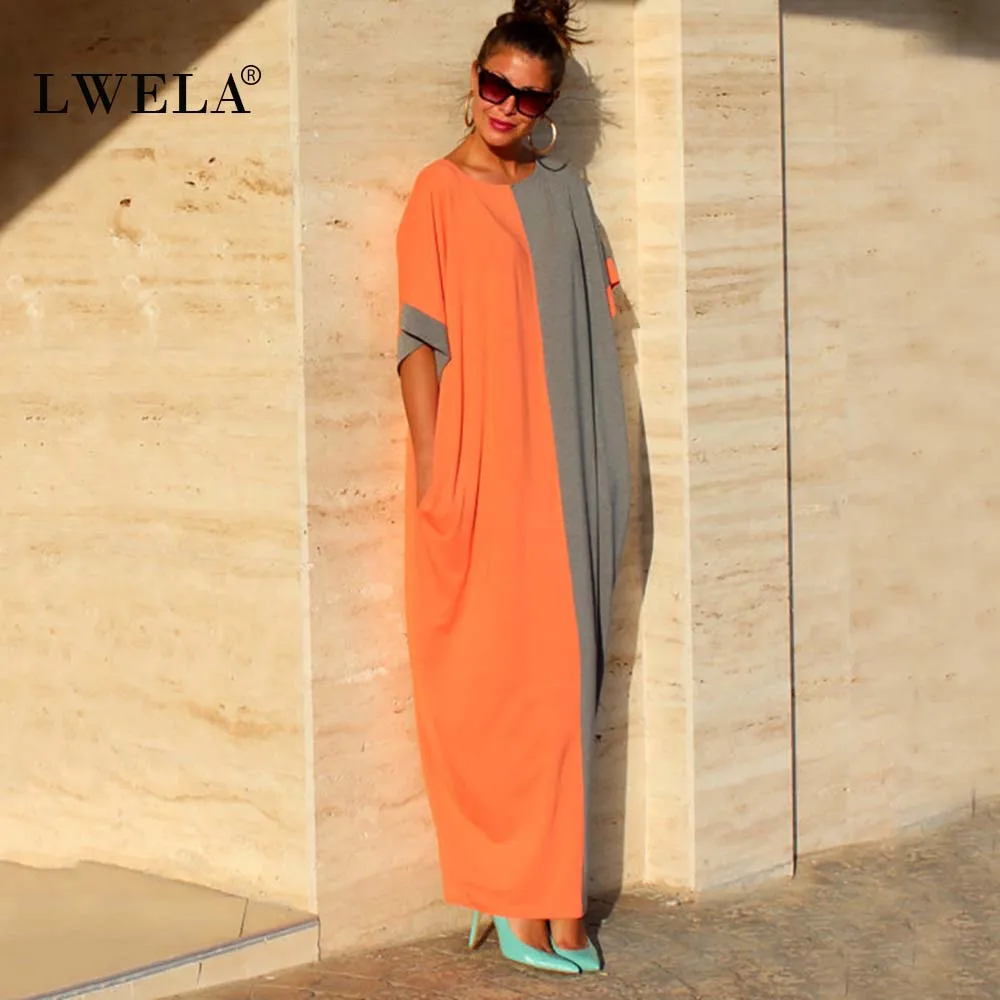 LWELA случайные свободные лоскутное long dress женщины о шеи плюс размер комбинезоны mix