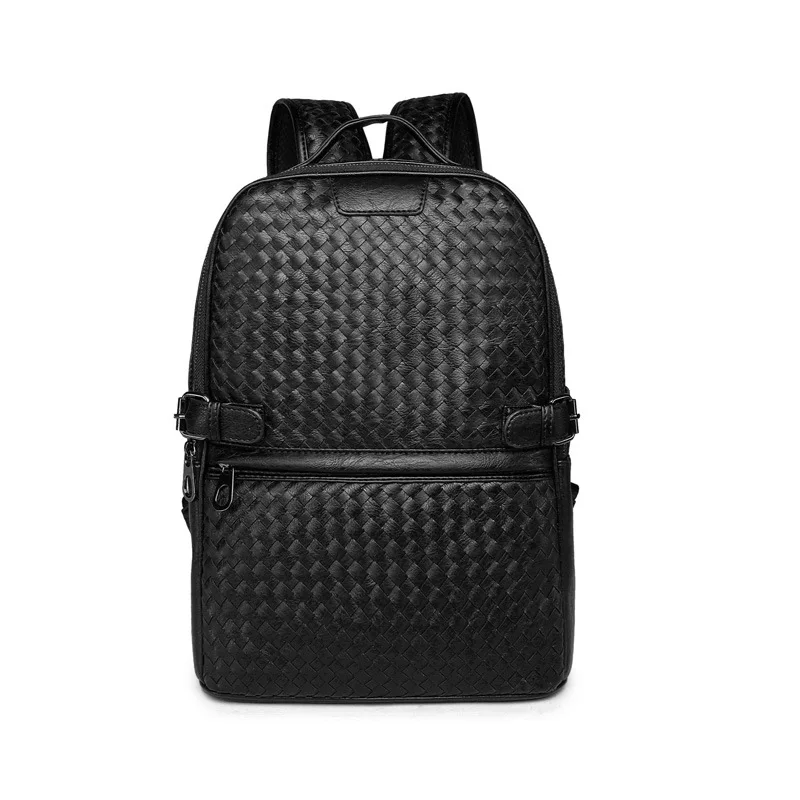 Black Leather Men Weave Leather Fashion Backpack Weave PU Leather School Backpack Travel Bolsas Mochila Men's Laptop Bag