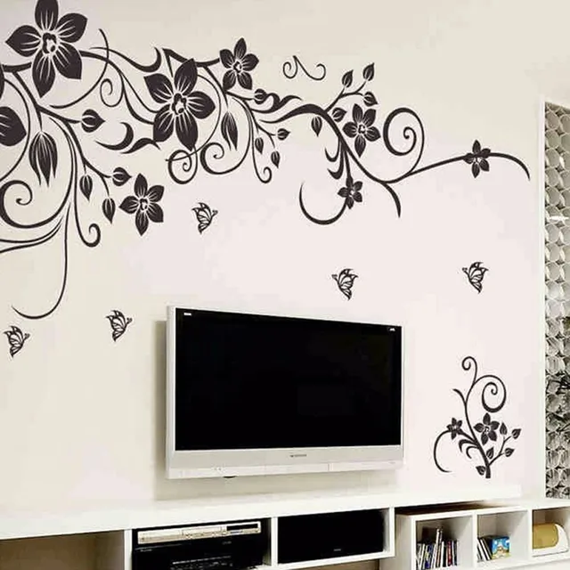 removable black vinyl butterfly vine flower wall sticker decal