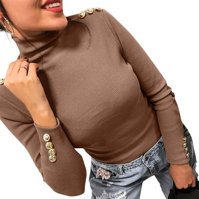 Buy Button Sleeve Knitted Sweaters Solid