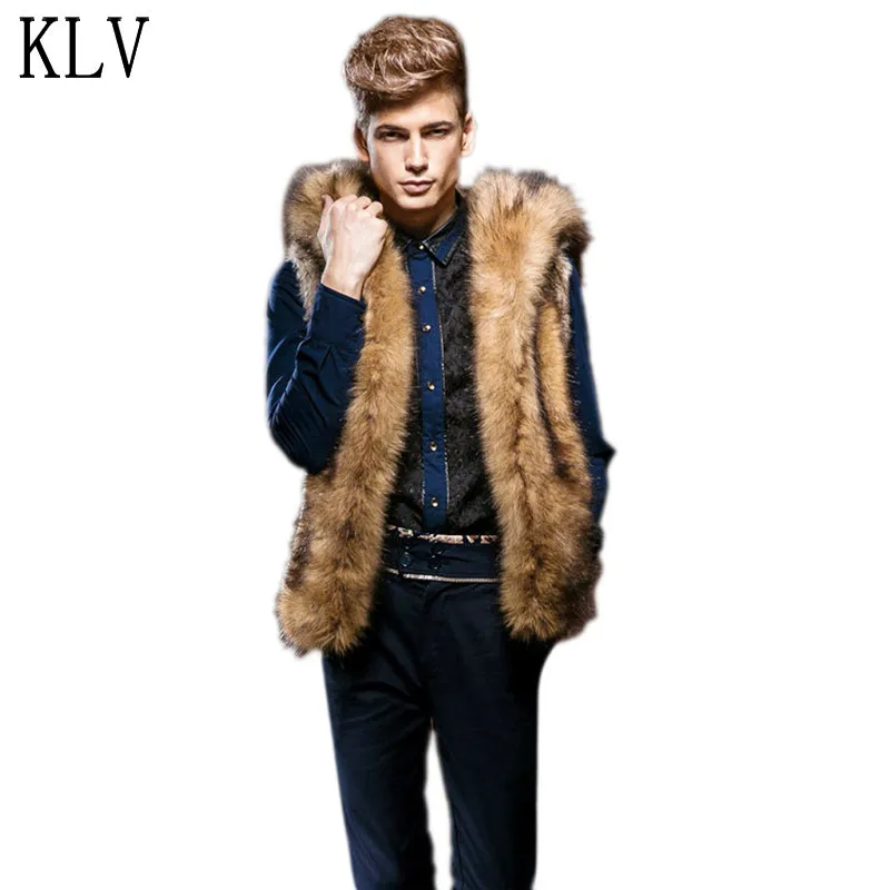 KLV Fashon Men Faux Fur Vest Gilet Fourrure Jacket Sleeveless Winter