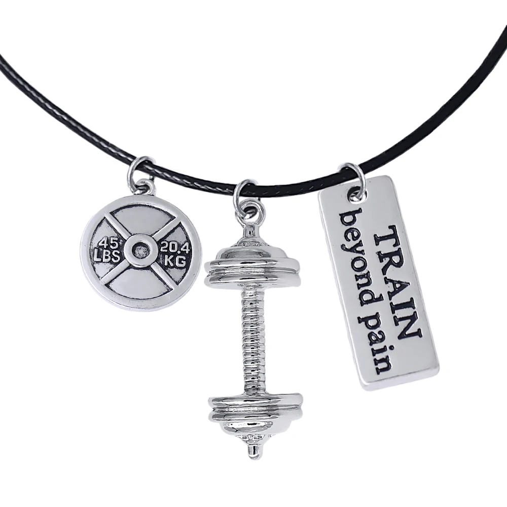 Popular love fitness sports jewelry rope necklace gym barbell charm combination bodybuilding men
