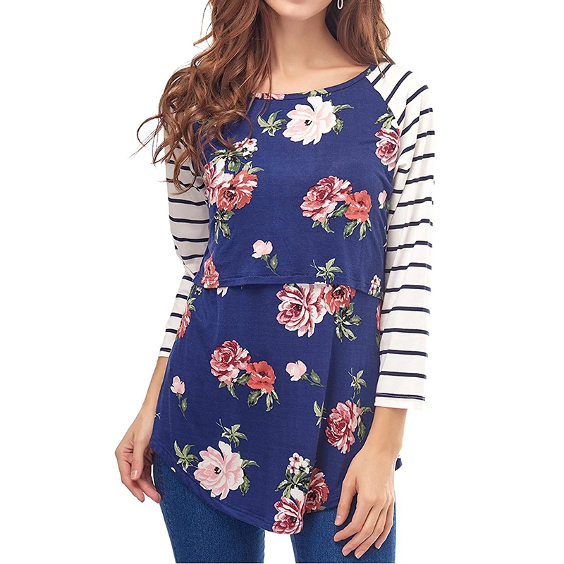 

Spring Nursing Top Floral Striped T-shirt for Pregnant Women Patchwork Long Sleeve Breastfeeding T-shirts Lactancia Blouse