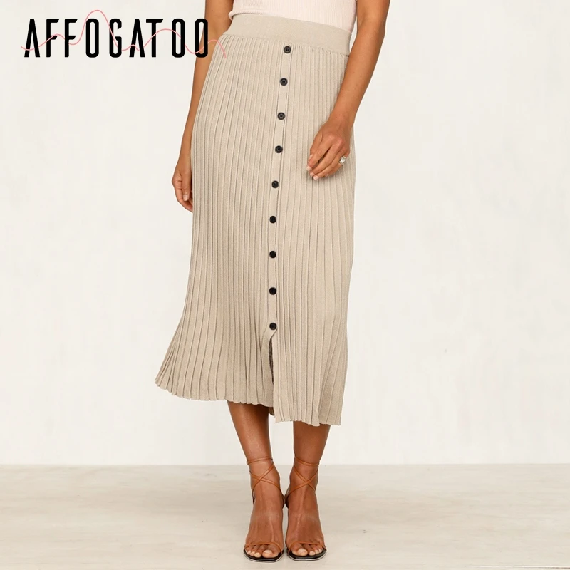 

Affogatoo Elegant office ladies bodycon knitted skirt women Casual Buttons A-line midi skirt female Vintage striped pencil skirt