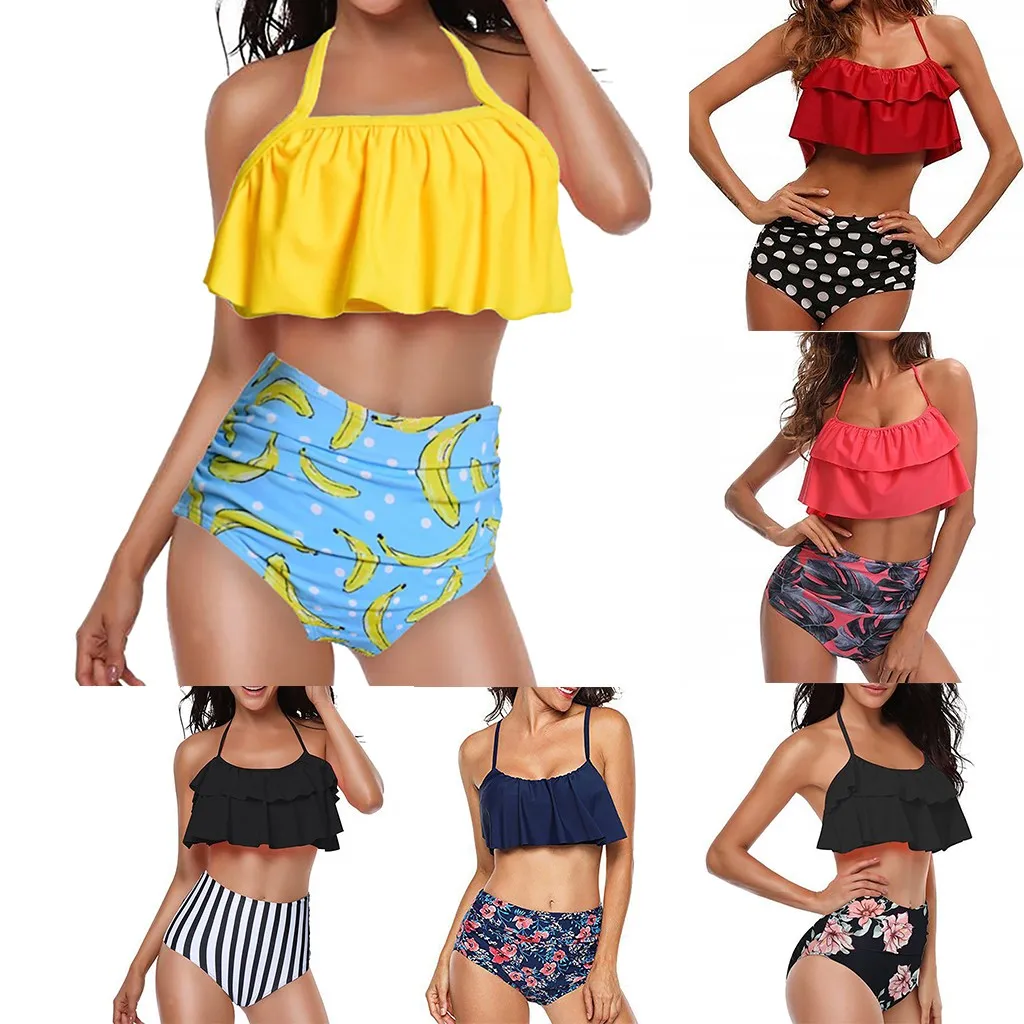 

Bikinis 2019 mujer Women Two Piece Plus Size Sexy Backless Halter Floral Printed Swimwear Set Cover up Dropping stroje kapielowe