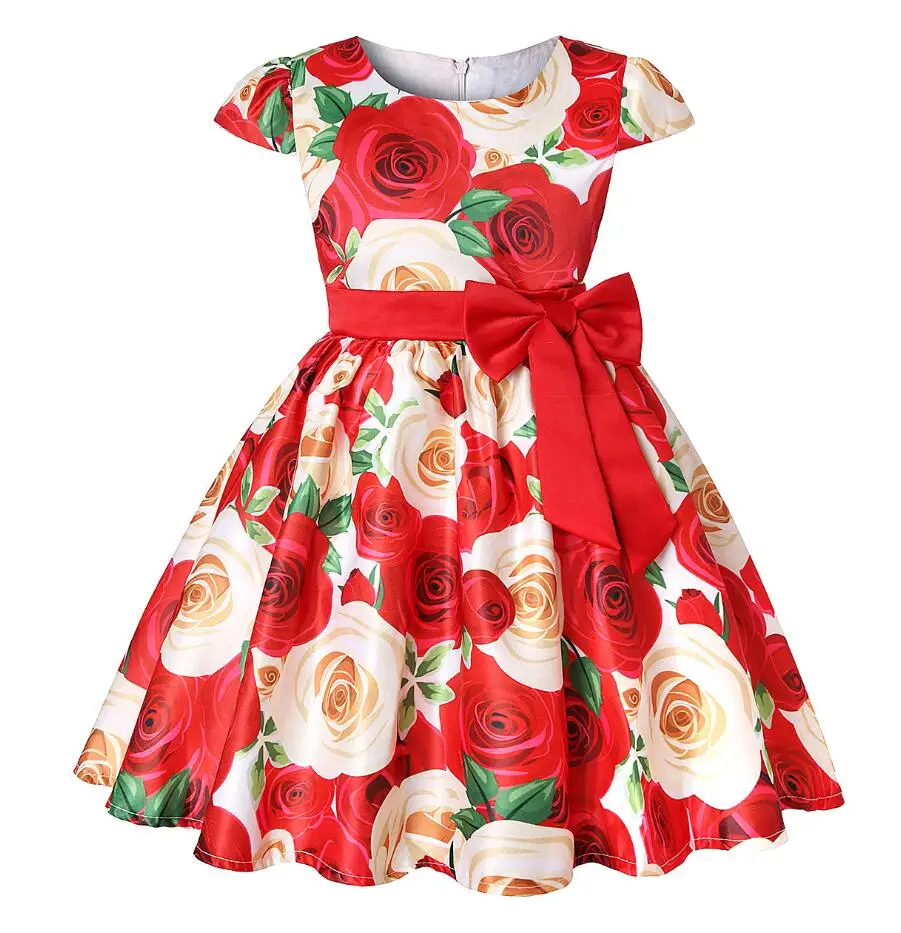 Летнее платье с принтом розы для девочек атласное платье принцессы для свадебной вечеринки, дня рождения, vestidos, платья для девочек 3, 4, 5, 6, 7, 8 лет