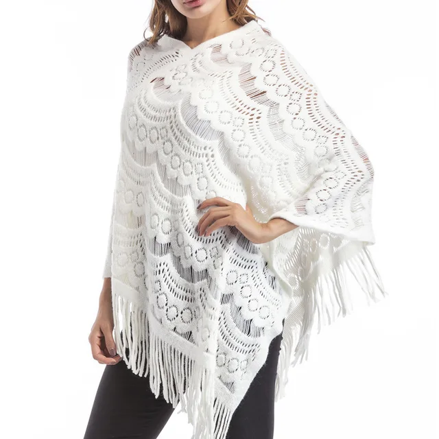 Best Product DOIB Pullovers Cloak Sexy Thin Sweaters Fashion Knitted 2018 Female V-Neck Hollow Out Poncho Cardigan Tassel Sweaters
