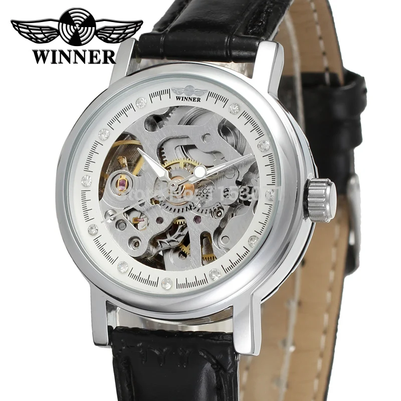

WRL8048M3S5 Latest Winner Automatic skeleton women silver color with gift box dress watch leather strap factory company