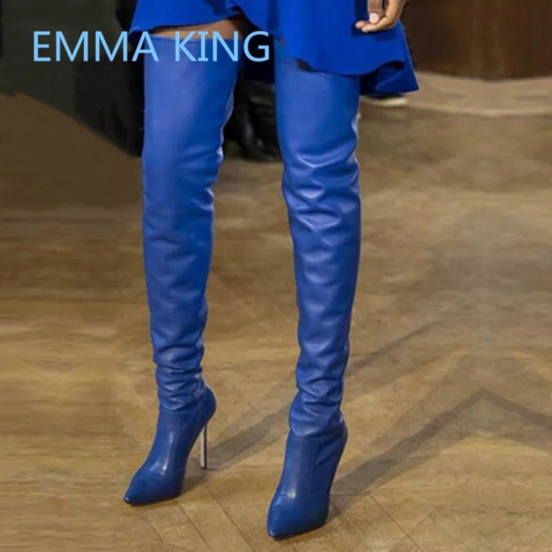 

Runway Fashion Pointed Toe Women Thigh High Boots Solid Blue High Heels Ladies Pleated Trendy Shoes Woman Over The Knee Boots