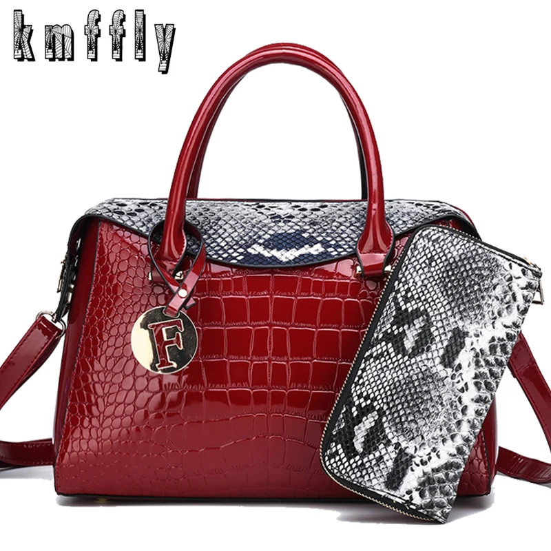 

2019 New Women Handbags 2 Sets Luxury Brand Women Tote With Wallet Glossy Leather Fashion Shoulder Messenger Bags For Lady