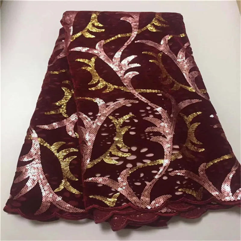 

Handcut French Velvet Lace Fabric 2019 Embroidered Nigerian French Velvet Lace Fabric With Sequins 5 Yards For Wedding
