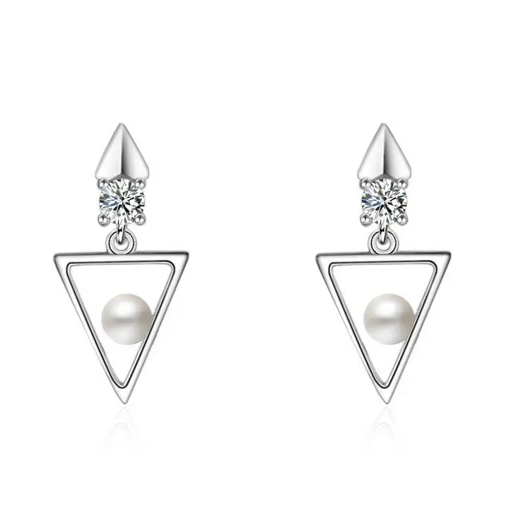 

2017 new arrival high quality simple triangle Imitation pearl 925 sterling silver ladies`stud earrings jewelry women gift female