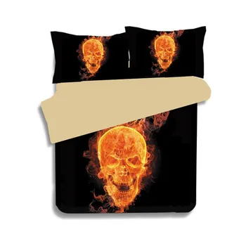 

3D Skull Bedding Queen Fire Printed Polyester Cotton Bed Sheet Black Bedspread Sugar Skull Quilt Cover Bedding Set Home Decor