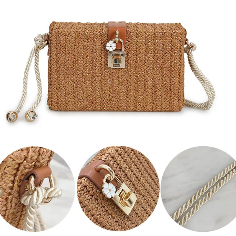 

2018 Summer Beach Handbags Women Messenger Bags Square Straw Hand Woven Ladies Crossbody Bag Shoulder Rattan Bags feminina