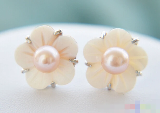 FREE SHIPPING>>> free shipping 12766 SHELL FLOWER PINK FRESHWATER PEARL STUD EARRING