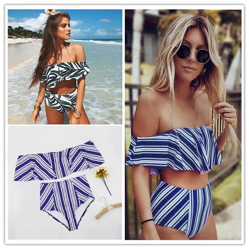 2017 Sexy Bikini Set High Waist Swimwear Women Striped Biquini Ruffled Swim Bathing Suit White Blue