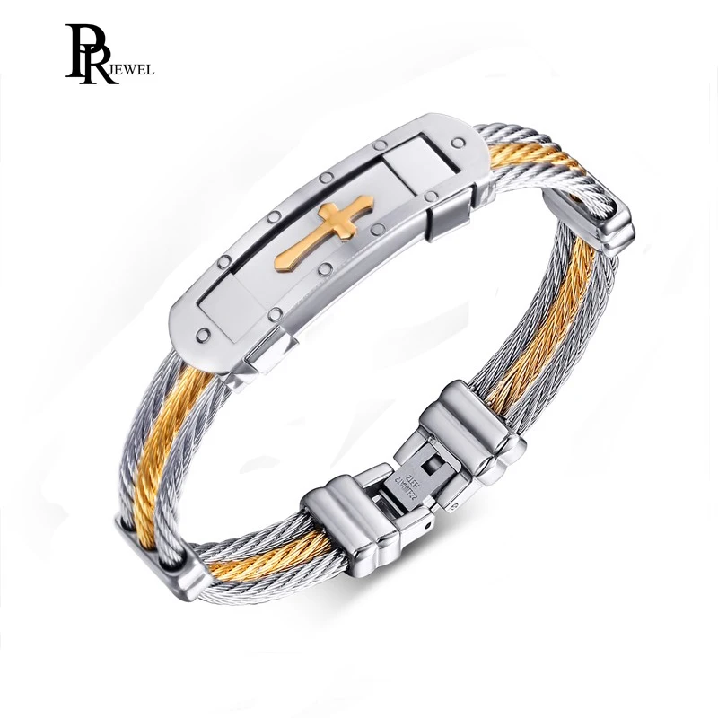 

Men's Stainless Steel Silver Gold Color Cable Wire Cross Charm Twisted Bangle Bracelet